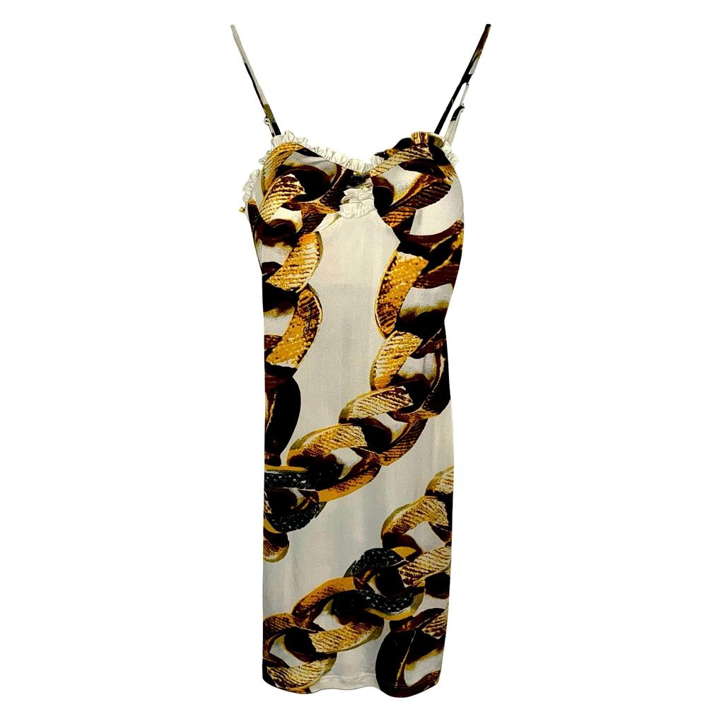 Roberto Cavalli White and Gold Chain-Print Midi Dress